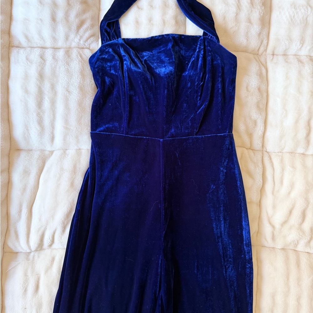 Lulu's Royal Blue Velvet Halter Jumpsuit